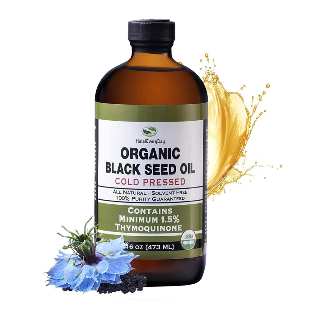 HalalEveryDay Organic Black Seed Oil – USDA Certified, Cold Pressed Glass Bott