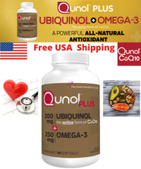 Qunol Plus CoQ10 Ubiquinol 200 mg with Omega-3, 90 Softgels Powerful Antioxidant