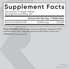 Vegan Biotin 10,000mcg w/ Coconut Oil Max Strength 30 Veggie Softgels Non-GMO