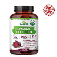 Zazzee Organic Beet Root 20:1 Extract 120 Vegan Capsules Nitric Oxide Black Pepp