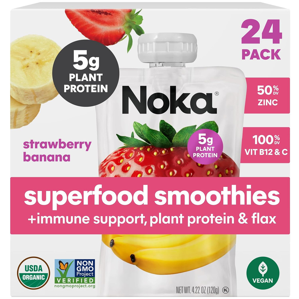 Superfood Fruit Smoothie Pouches, Strawberry Banana, Healthy Snacks with Flax Se