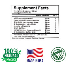 HYALURONIC ACID, Glucosamine, MSM, 120 Capsules. Joint Stiffness Relief, Support