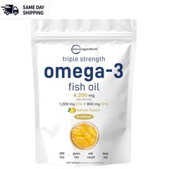 Triple Strength Omega 3 Fish Oil 4200mg – 240 Burpless Softgels, Lemon Flavor