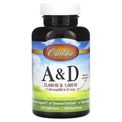 Carlson Labs A D 25 000 IU 1 000 IU 250 Soft Gels Casein-Free, Gluten-Free,