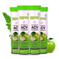 4 X OZiva ACV Moringa 15 Effervescent Tablets-Green Apple 60 tab Control Craving