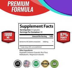 Berberine HCl 1800 MG Premium 90 CAPSULES- (Non-GMO, Gluten Free Vegetarian)