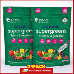 2 Pack Zena Greens Organic Supergreens Fruits & Vegetables Powder 45 Packs