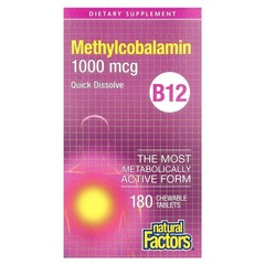 2 X Natural Factors, B12, Methylcobalamin, 1,000 mcg, 180 Chewable Tablets