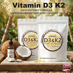 2Pcs Vitamin D3 10000 iu Plus K2 (MK-7) 200 mcg, 300 Virgin Coconut Oil Softgels