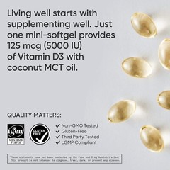 360 Mini-Liquid Softgels of Vitamin D3 5000iu with Coconut Oil – Easy to Digest
