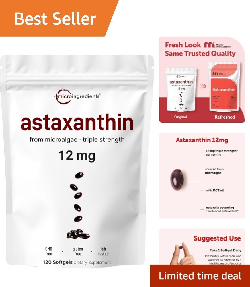Astaxanthin 12mg Softgels with MCT Oil 120 Count Antioxidant Supplement