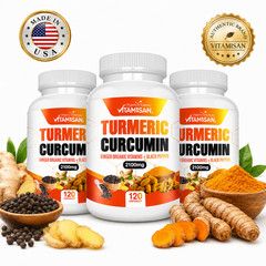 Turmeric Curcumin 2100mg Ginger Black Pepper 120 Capsules Vitamisan USA 3 Pack