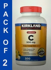 Kirkland Vitamin C Tang Orange 500mg, 500 Chewable Tabs Each Bottle PACK OF 2