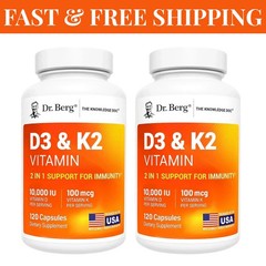 2 PACK-Dr. Berg’s D3 & K2 Vitamin, 10,000 IU, 100 mcg per serving, 120 Capsules