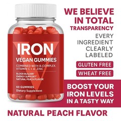Vegan Iron Gummies 60 pk Supplement with Vitamin C, A, B-Complex, Folate, Zinc