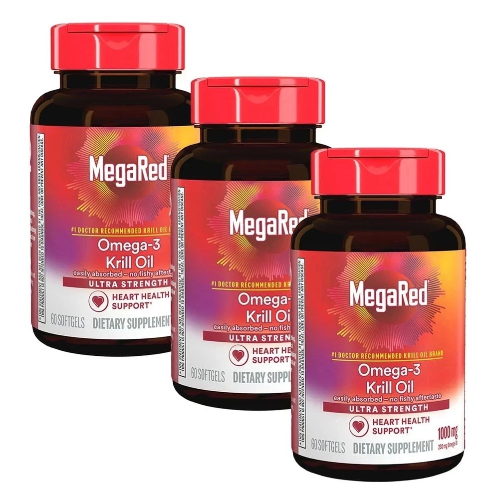 3 Pack MegaRed Omega-3 Krill Oil 500mg Fish Oil Supplement 80 Softgels Each Pack