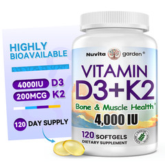 Vitamin K2 + Vitamin D3 4000 IU, 120 Count, Vitamin D Supplement for Bone