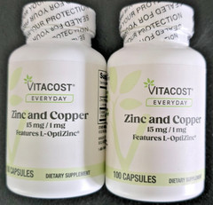 2 Pack Copper & L-OptiZinc® 1 mg/15 mg, 200 Caps (2×100) Zinc+Copper, Free Ship