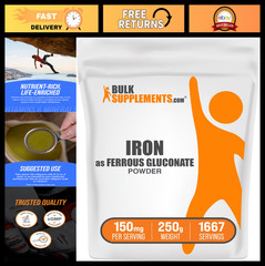 Ferrous Gluconate Powder 250g – Iron Supplement for Energy, Gluten Free, 18mg Ir
