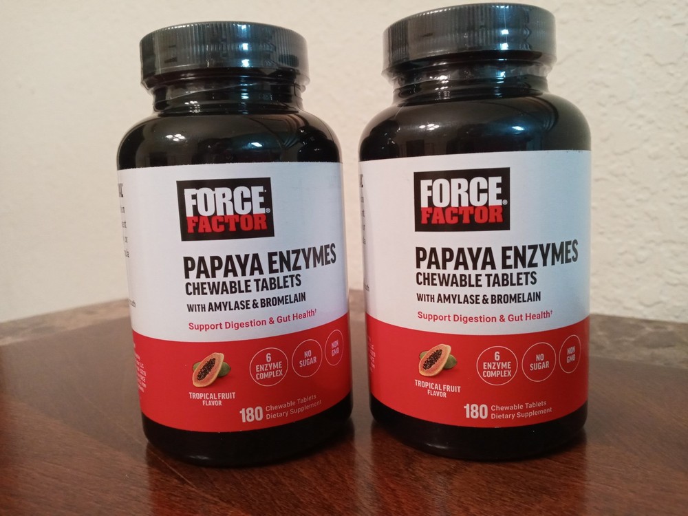 Force Factor Papaya Enzymes/180 Tropical Fruit Flavor Chewable Tablets X2/SEALED