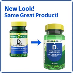 Spring Valley Vitamin D3 2000 IU (50 mcg) Softgels, Bone & Immune Support, 200 C