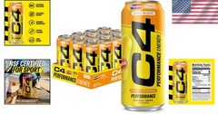 Hawaiian Pineapple C4 Performance Energy Drink – 12 Pack, 200mg Caffeine,