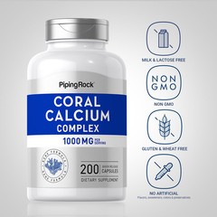 Coral Calcium | 1000mg | 200 Capsules | Non-GMO Supplement | by Piping Rock
