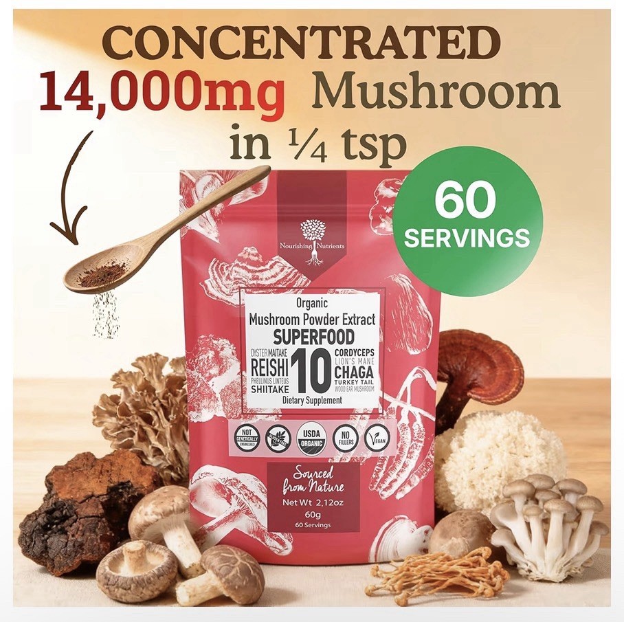 USDA Organic 10 Mushroom Coffee Supplement Powder, Focus & Immune Support