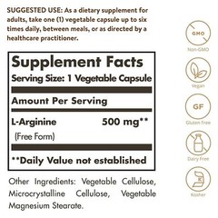 Solgar L-Arginine 500 mg 250 Vegetable Capsules, Free Form Amino Acids
