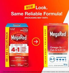MegaRed Advanced 4-in-1 Omega-3 500mg 80 Softgels | Fish & Krill Oil for Heart,