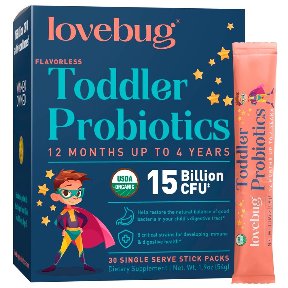 Lovebug Toddler Probiotics – Organic Probiotic, Ages 12 Mo’ to 4 Year – 30 Pack