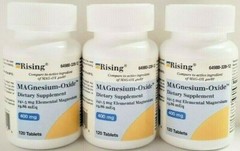 Rising Pharmaceuticals Magnesium Oxide 400mg 120ct White Tabs -3 Pack 7/25