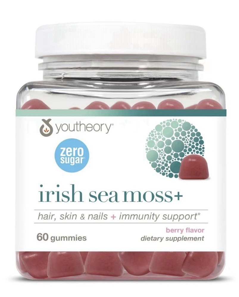 YouTheory Irish Sea Moss + Hair Skin Nails Berry Flavor 60 Gummies ZERO Sugar