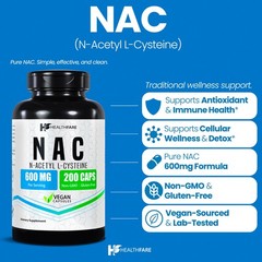 HealthFare N-Acetyl L-Cysteine (NAC) 600mg, 200 Capsules – Non-GMO