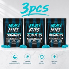 3 PACKS-Beast Bites Creatine Infused Gummies Sweet Blue Raspberry – 30 Servings