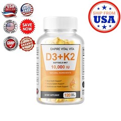 Vitamin D3 10,000 IU K2 MK7 100 mcg, Vit D and K Supplement 360 softgels USA