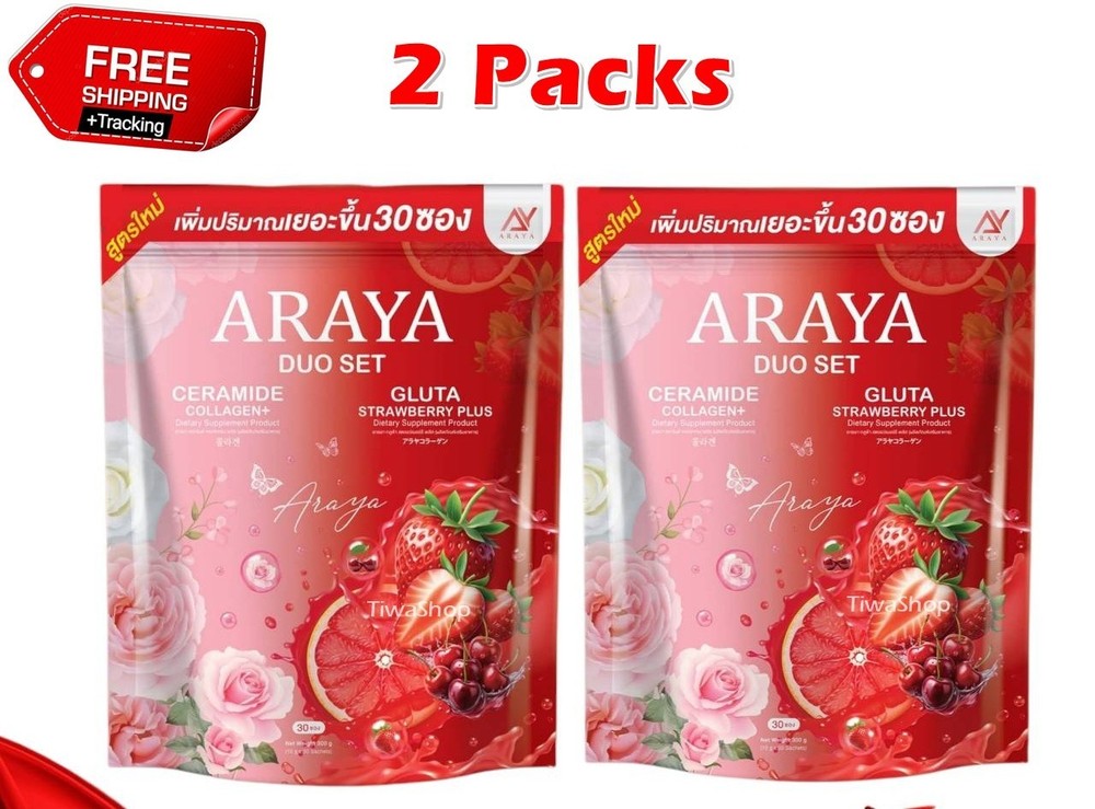 2 X Araya Duo Set Ceramide Collagen Strawberry Plus Drink Powder 30 Sachets