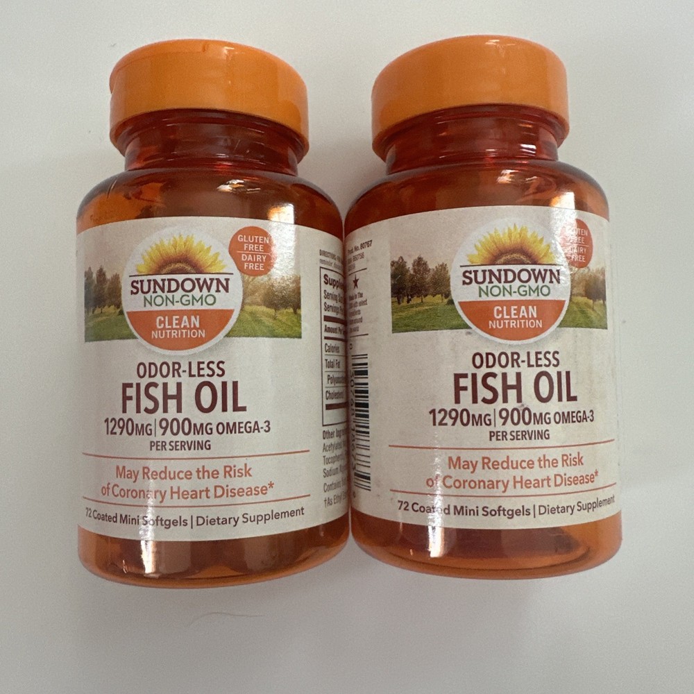 Lot of 2 Sundown Odorless Fish Oil, 1290mg, Omega 3 Supplement, Exp. 08/26+