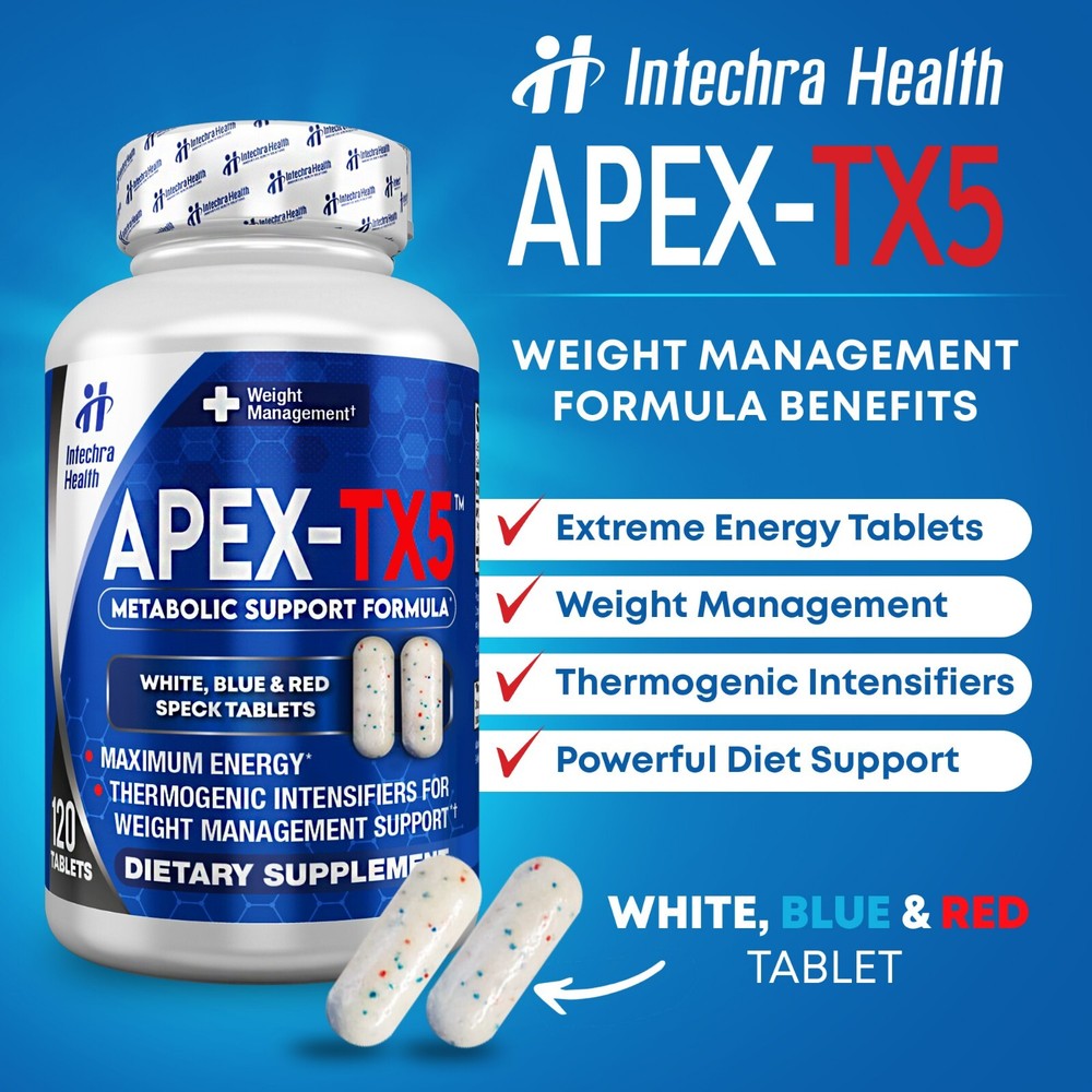 APEX TX5 Fat Burner Diet Pills + Peak Energy Boosters 120 White/Blue/Red Tablets