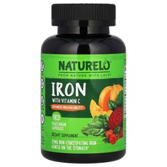 2 X NATURELO, Iron with Vitamin C, 180 Vegetarian Capsules