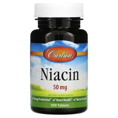 Carlson Labs Niacin 50 mg 300 Tablets Gluten-Free, Milk-Free, Preservative-Free,