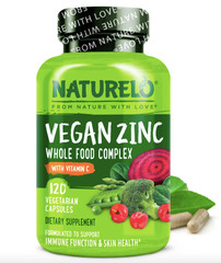 NATURELO Vegan Zinc Whole Food Complex 120 Capsules with Vitamin C