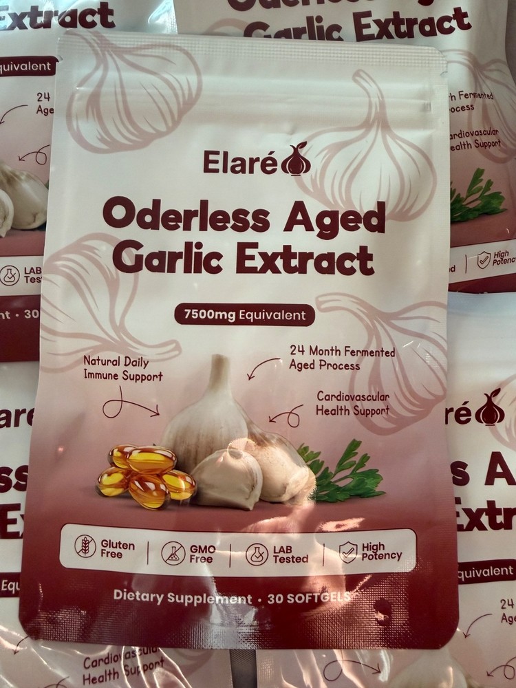 Elare odorless aged garlic extract 7500 mg 30 softgels high potency
