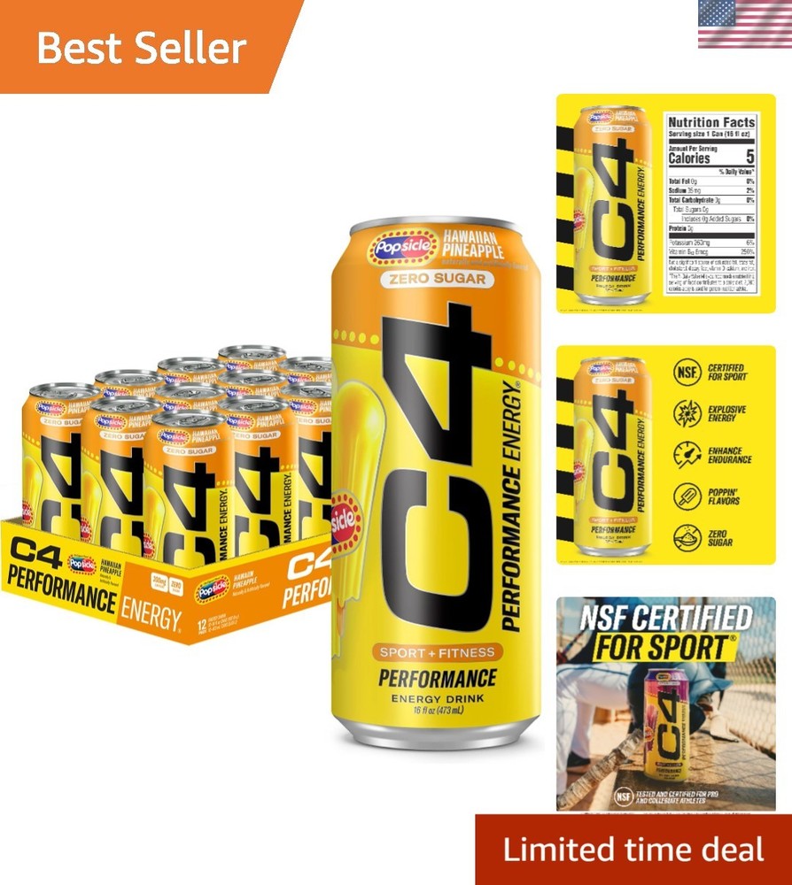 Hawaiian Pineapple C4 Performance Energy Drink – 12 Pack, 200mg Caffeine,