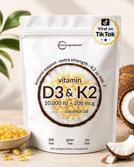 Vitamin D3 10000 iu Plus K2 (MK-7) 200 mcg, 300 Virgin Coconut Oil Softgels NEW