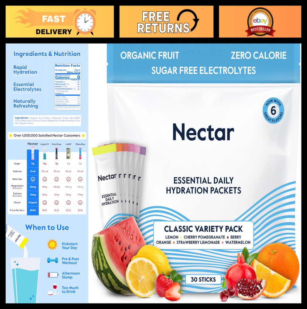Electrolyte Hydration Packets – Sugar Free, 0 Cal, Organic Fruit – 30 Pack for R