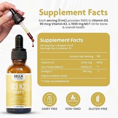 Bella All Natural D3 K2 Drops 3 Pack Organic Omega 3 MCT Premium Essential Oil
