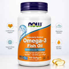 NOW Omega-3 Fish Oil Supplement Facts | 180 EPA / 120 DHA | 100 Softgels