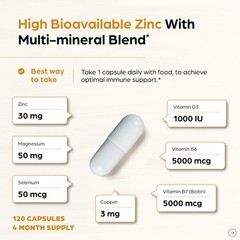Zinc Supplement 30mg with Copper, Selenium, Vitamin D3, Magnesium, 120 Capsules
